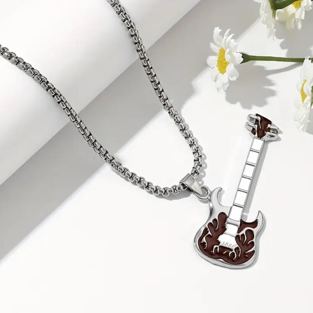 Coffee Brown Flaming Guitar with White Neck Rocker Necklace and Pendant 1559